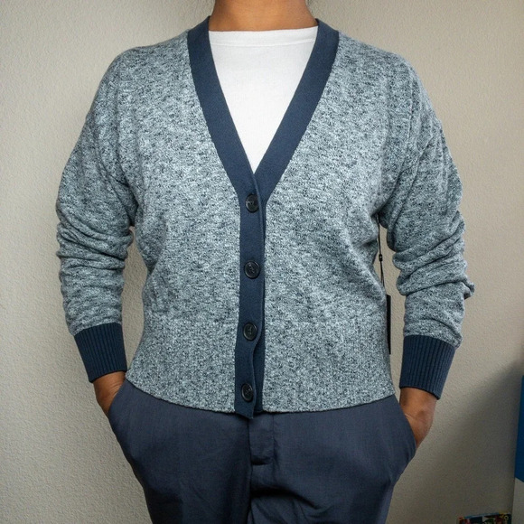 Naadam V-Neck Cardigan Cashmere blend Blue Trim Womens Small - Picture 1 of 7